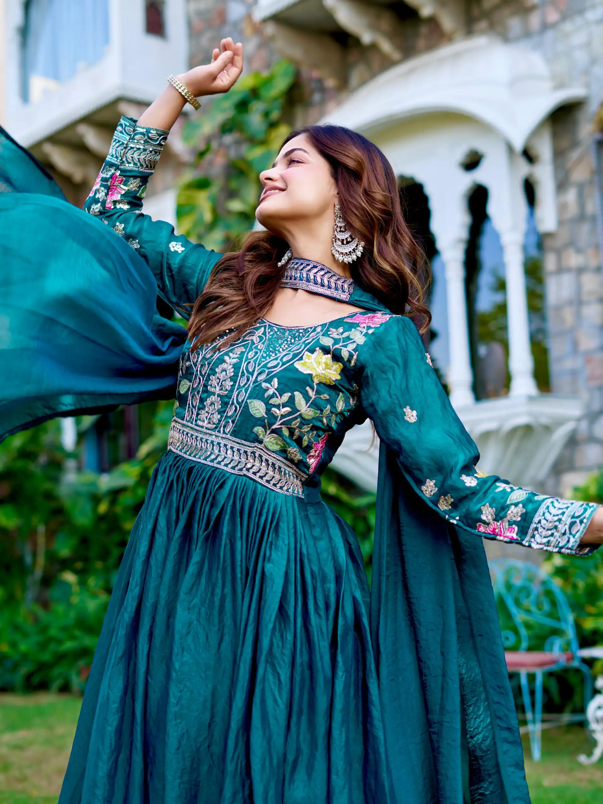 Ram 138 Teal Fendy silk Embroidery Work Gown in. Wedding, Party, Festive, Events, Best Price ₹2149. Delivery 4-6 Working Days. Shop now. | Gowns, Bollywood Gowns, Creative Gowns, Designer Gowns, Embroidered Gowns, Party Wear Gowns
