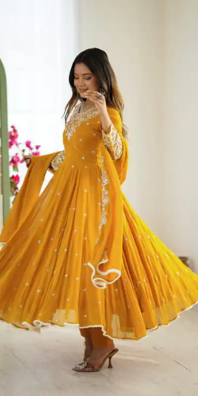 ZF 5012 Yellow Blooming Faux Gown with Embroidery Work. Wedding, Party, Festive, Events Grab it for ₹2149. Delivery 4-6 Working Days. Shop now. | Gowns, Bollywood Gowns, Creative Gowns, Designer Gowns, Embroidered Gowns, Party Wear Gowns