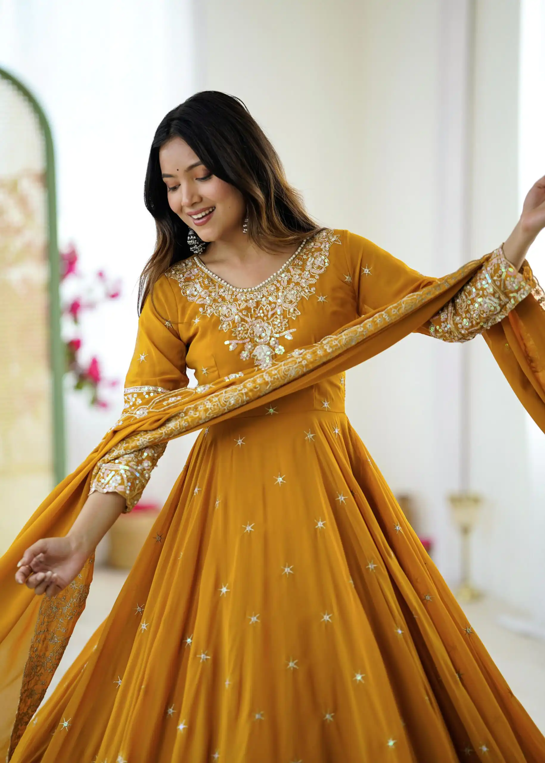 ZF 5012 Yellow Blooming Faux Gown with Embroidery Work. Wedding, Party, Festive, Events Grab it for ₹2149. Delivery 4-6 Working Days. Shop now. | Gowns, Bollywood Gowns, Creative Gowns, Designer Gowns, Embroidered Gowns, Party Wear Gowns
