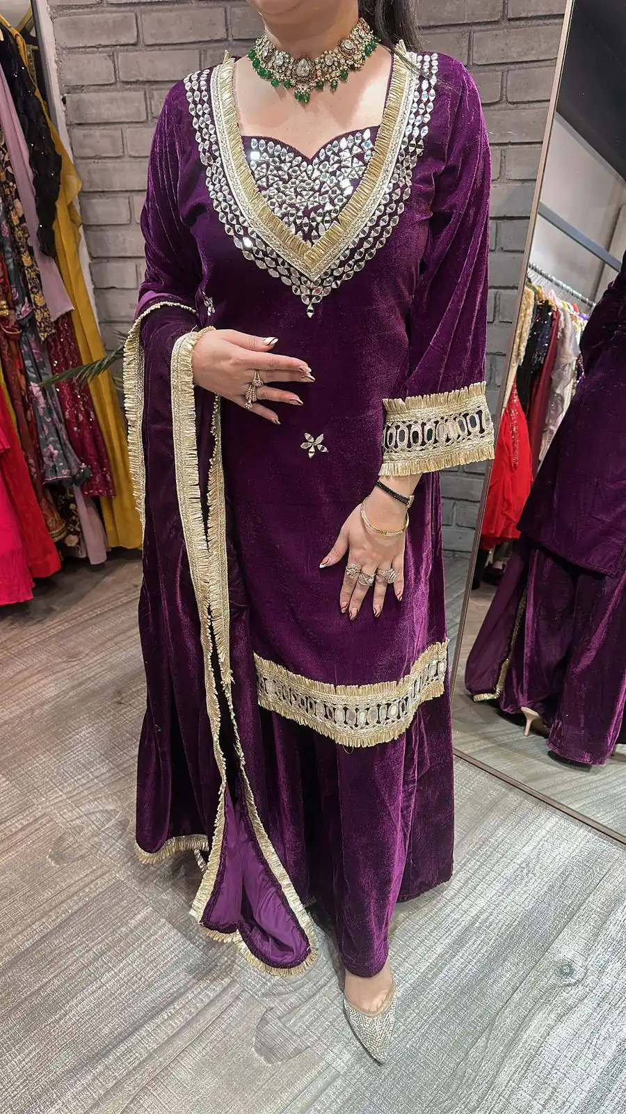 Purple Velvet Mirror Embroidery Work Salwar Suit - Image 2