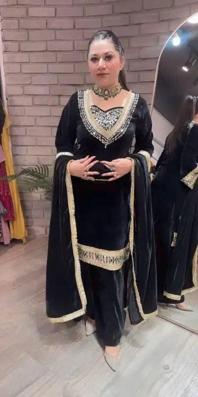 Black Velvet Mirror Embroidery Work Salwar Suit