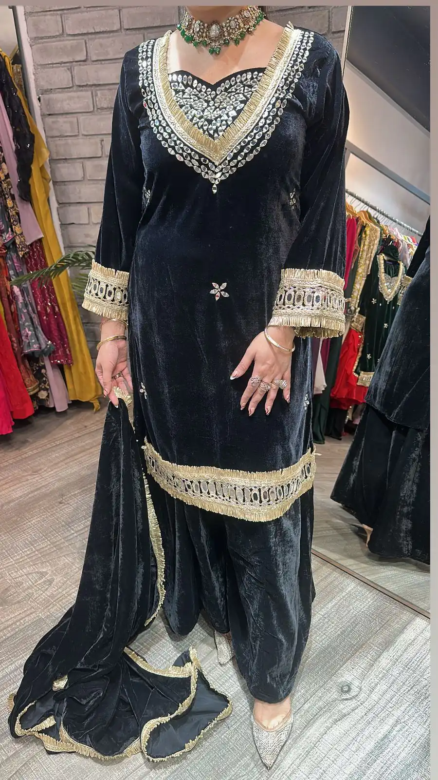 Black Velvet Mirror Embroidery Work Salwar Suit - Image 4
