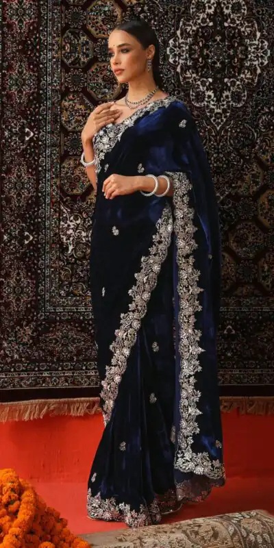 Navy Blue Viscose Velvet Thread Work Saree