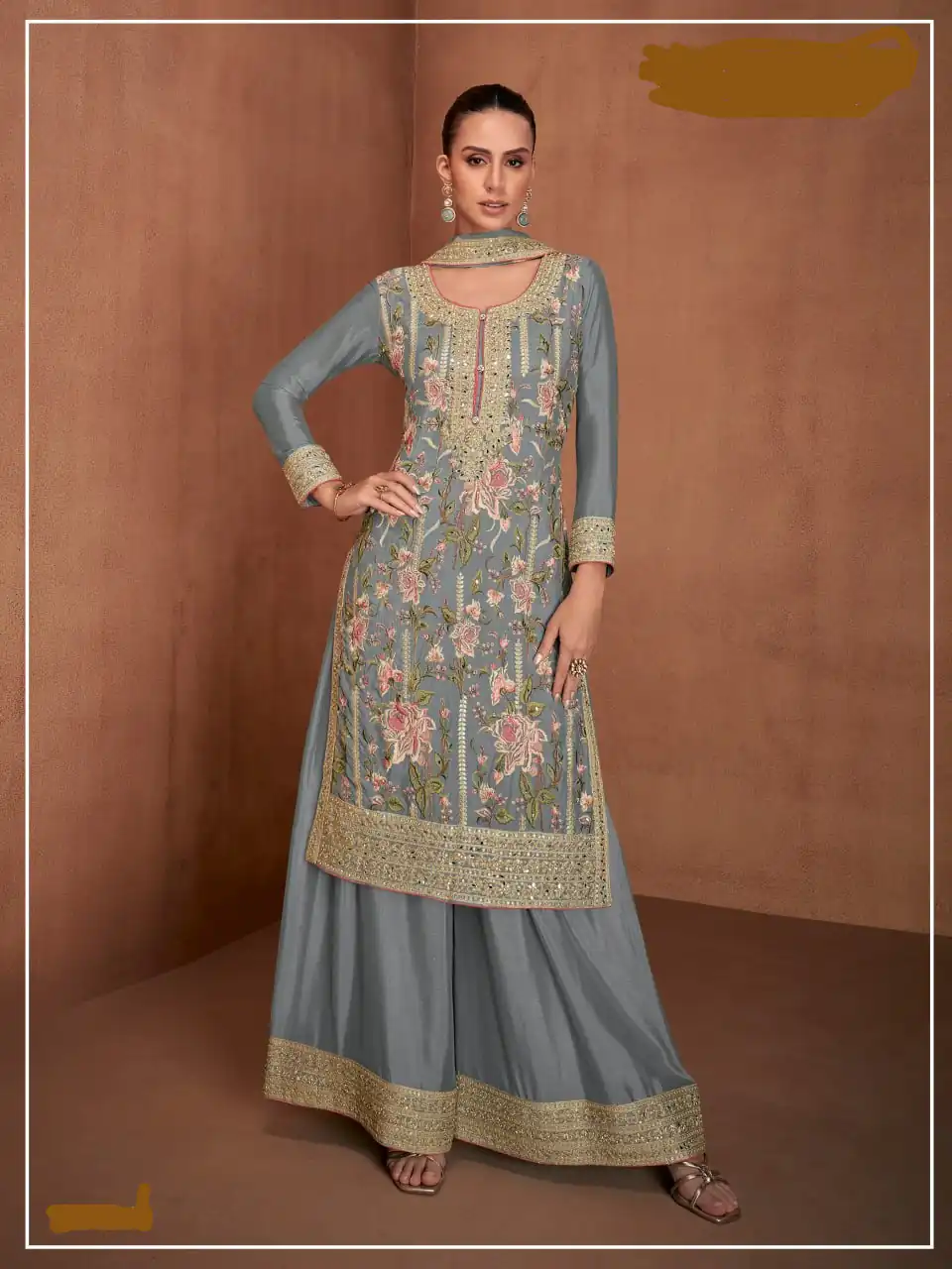Grey Chinon Embroidery Work Salwar Suit