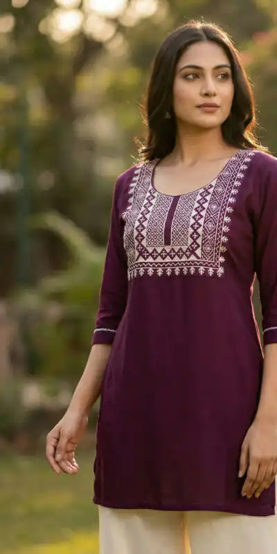 Wine Rayon Thread Work Kurti