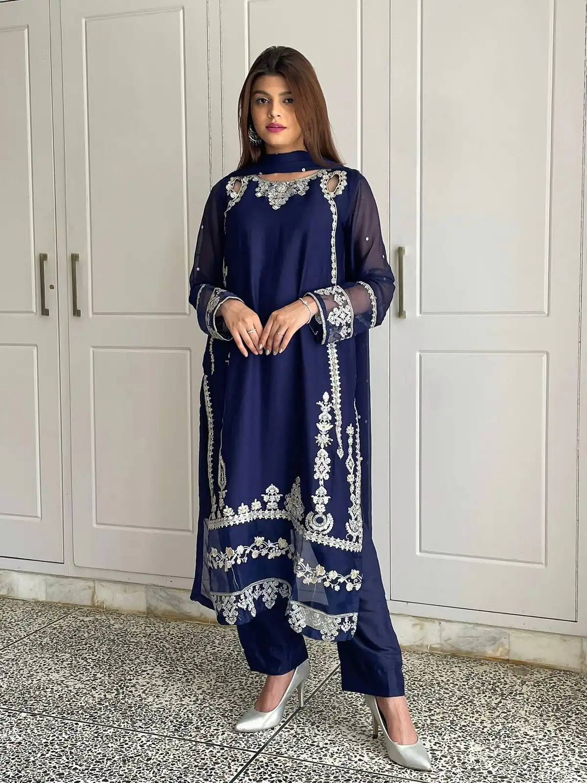 Navy Blue Faux Georgette With Sequence Work Salwar Suit