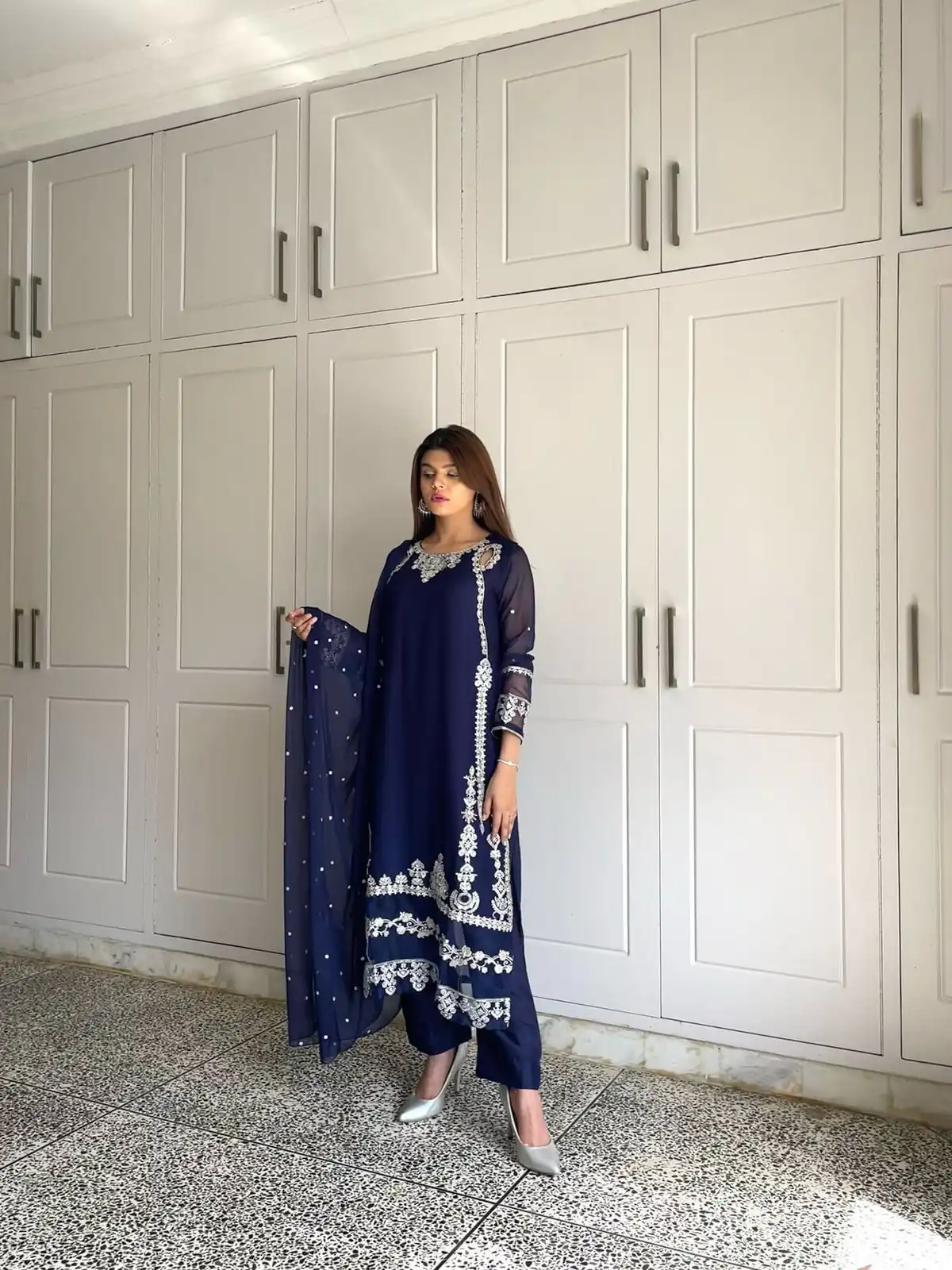 Navy Blue Faux Georgette With Sequence Work Salwar Suit - Image 6