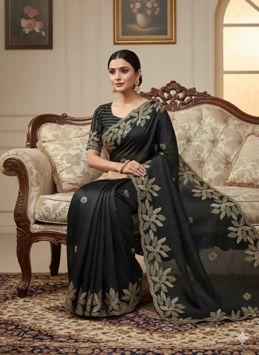 Black Soft Organza Silk With Sequins Work Saree - Image 2