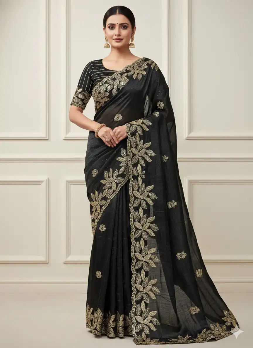 Black Soft Organza Silk With Sequins Work Saree
