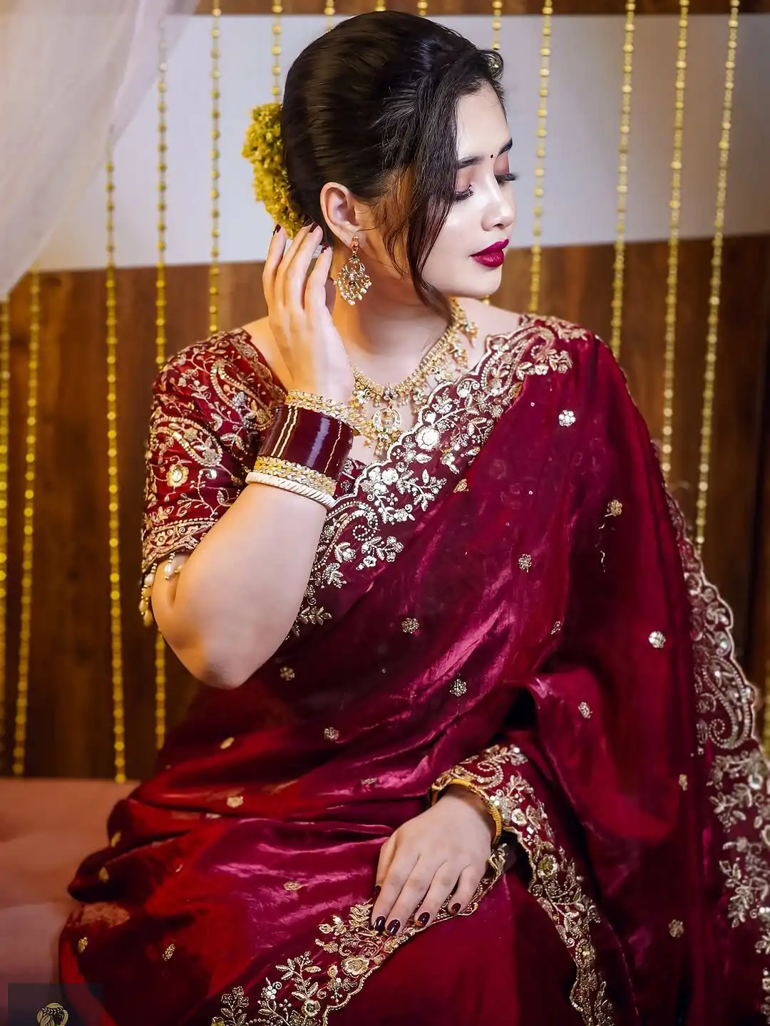 Maroon Fandy Satin Silk With Sequins Work Saree - Image 4