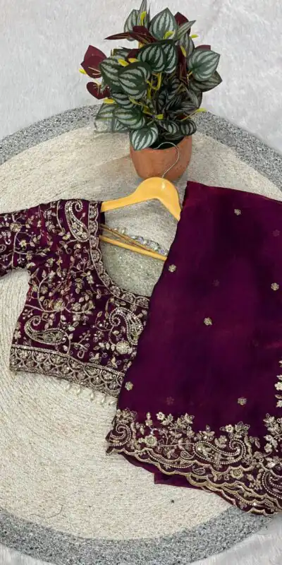 Wine Fandy Satin Silk With Sequins Work Saree