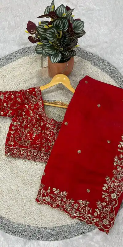 Red Fandy Satin Silk With Sequins Work Saree