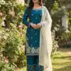 Teal Organza Silk Lace Embroidery Work Salwar Suit