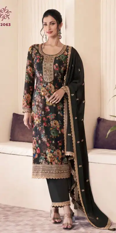 Black Vichitra Digital Print Embroidery Work Salwar Suit