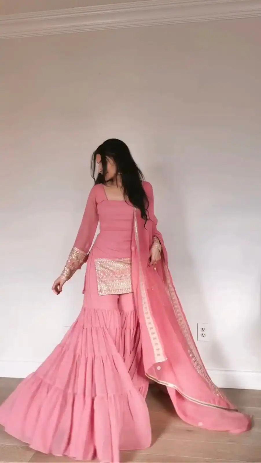 Baby Pink Faux Thread Work Georgette Salwar Suit - Image 4