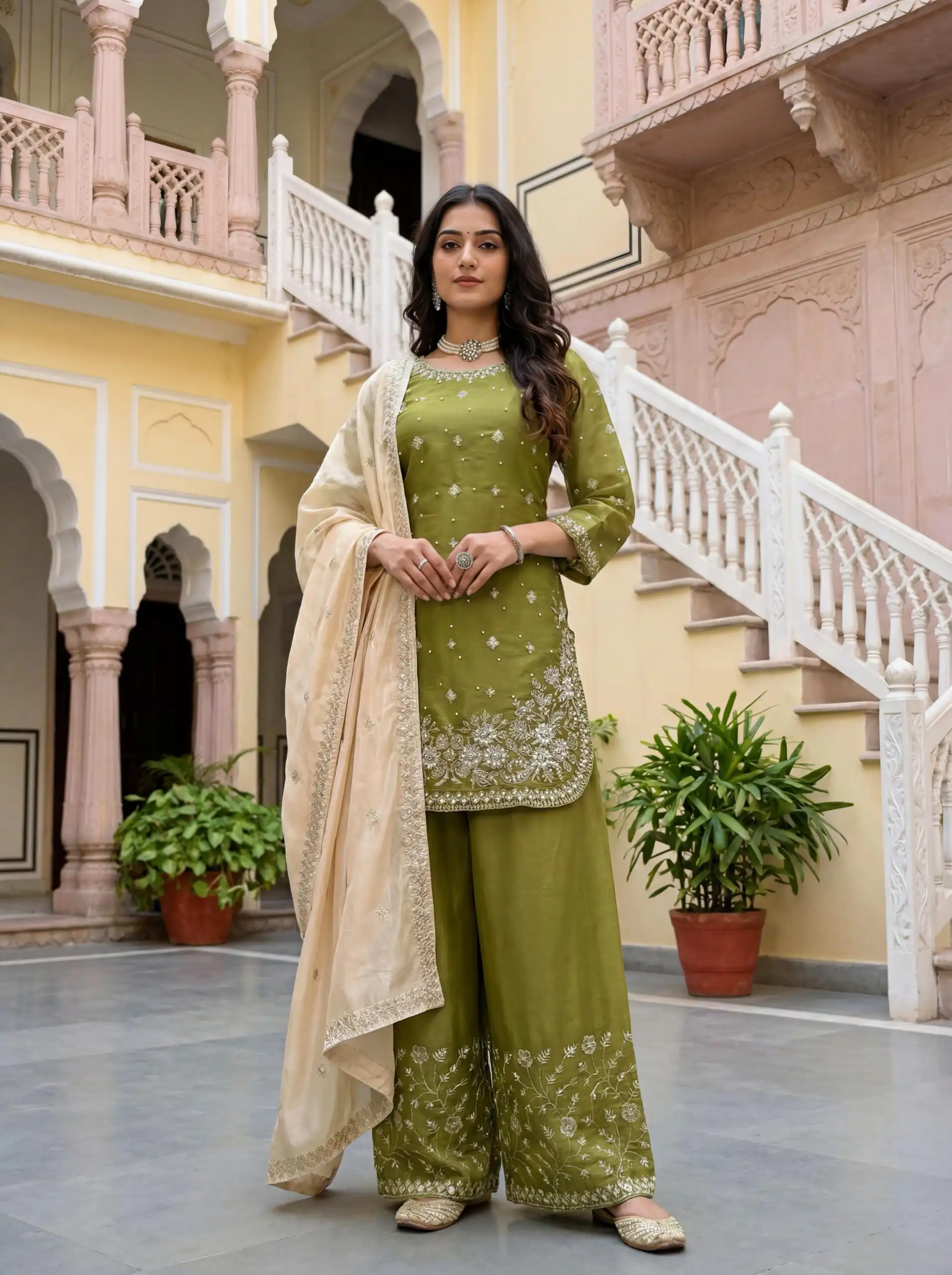 Mahendi Organza Silk Thread Work Salwar Suit