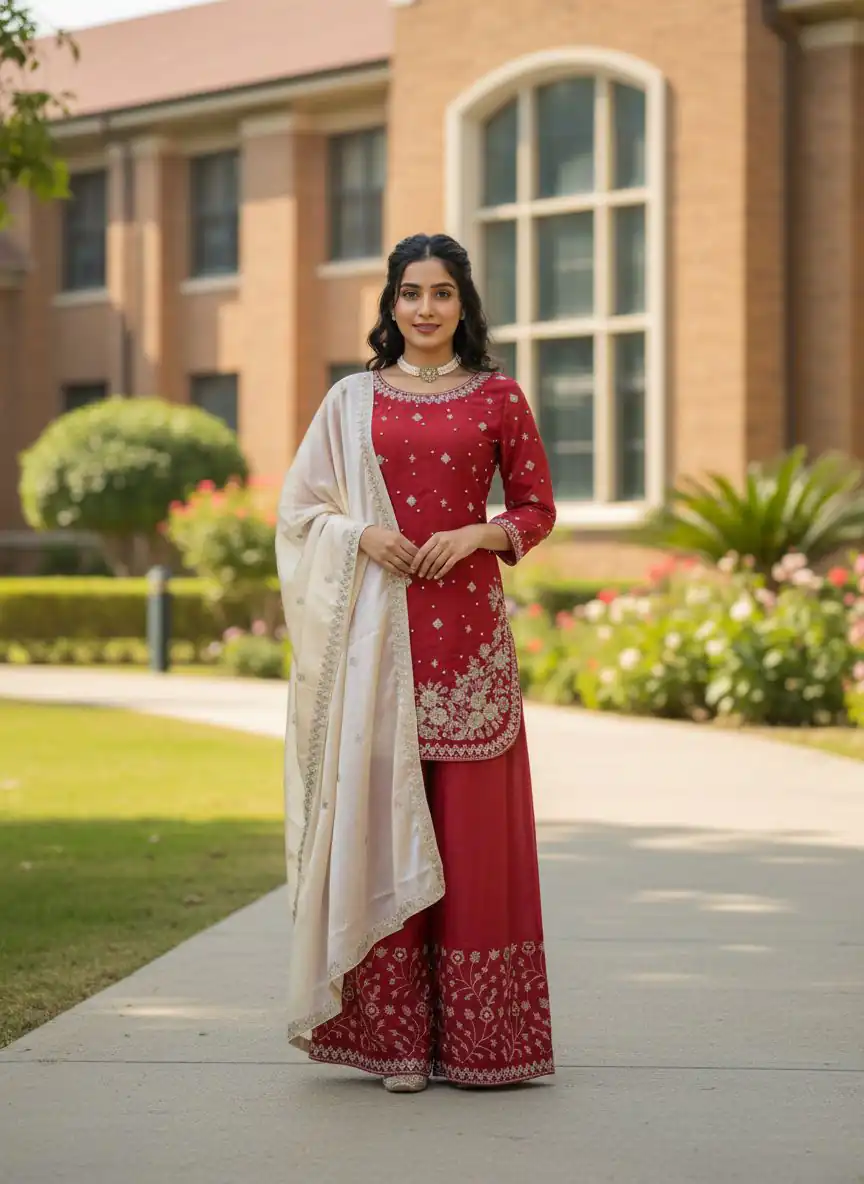 Red Organza Silk Thread Work Salwar Suit