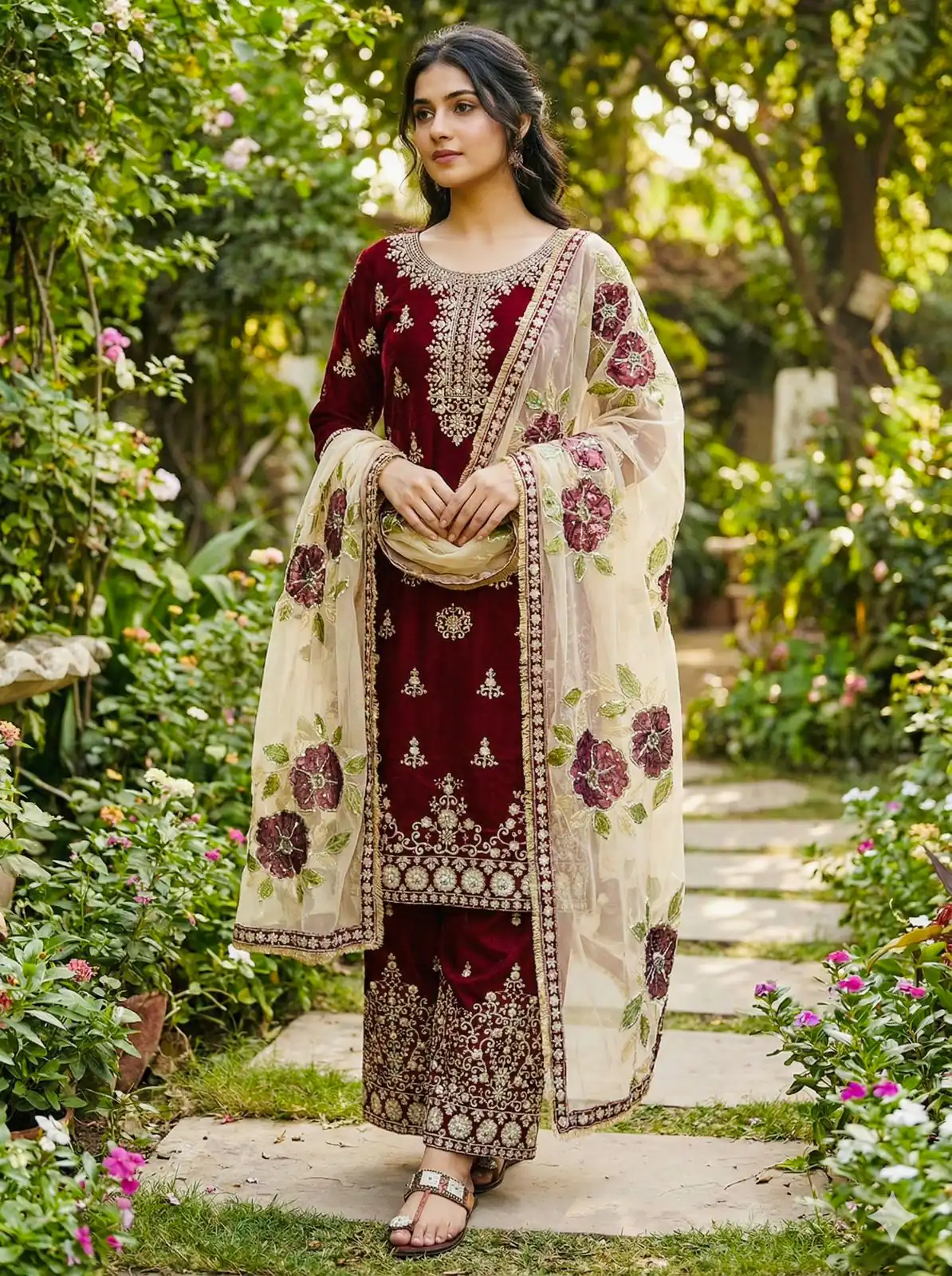 Maroon Organza Silk Lace Sequence Work Salwar Suit - Image 2