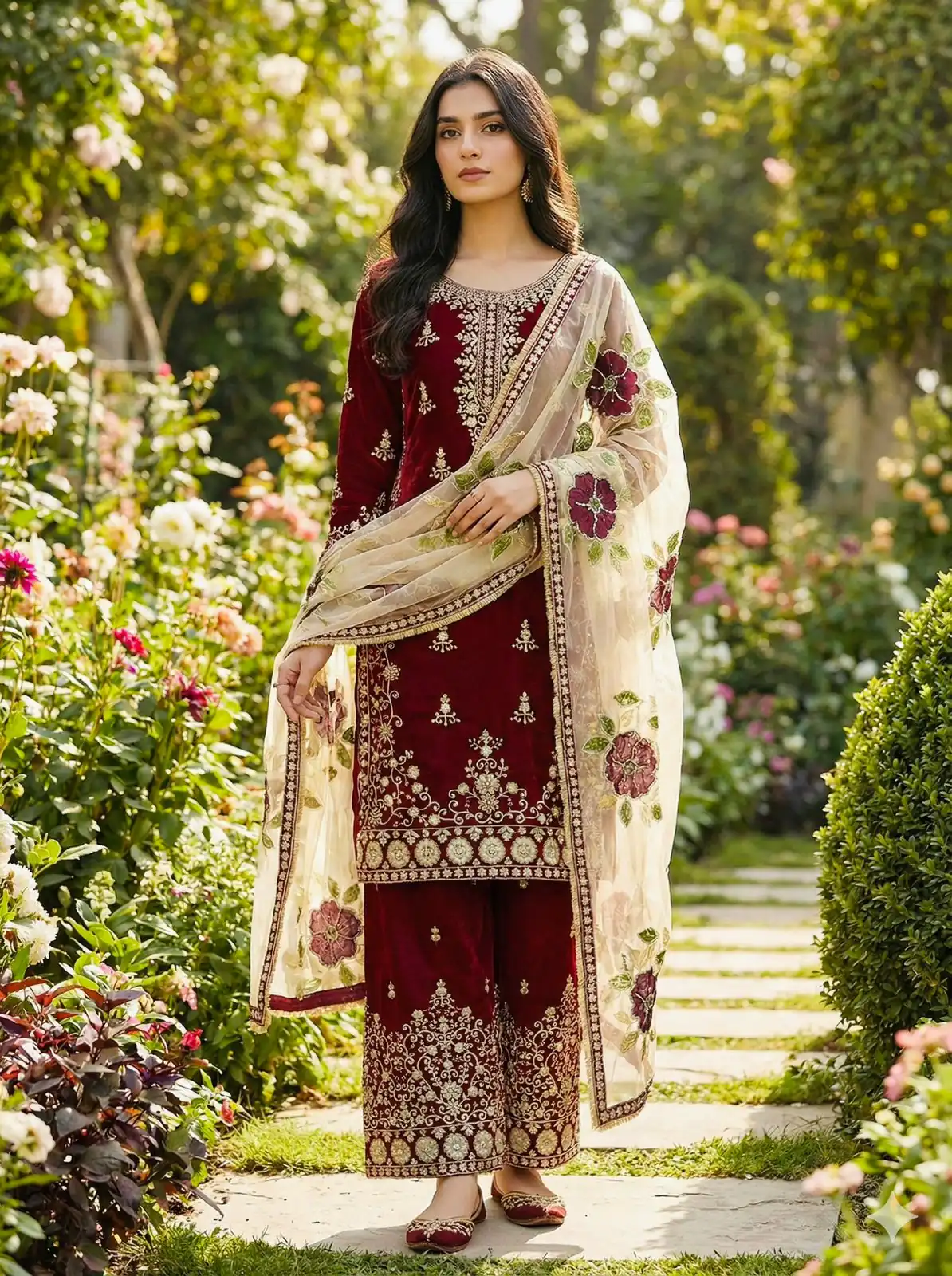 Maroon Organza Silk Lace Sequence Work Salwar Suit - Image 3