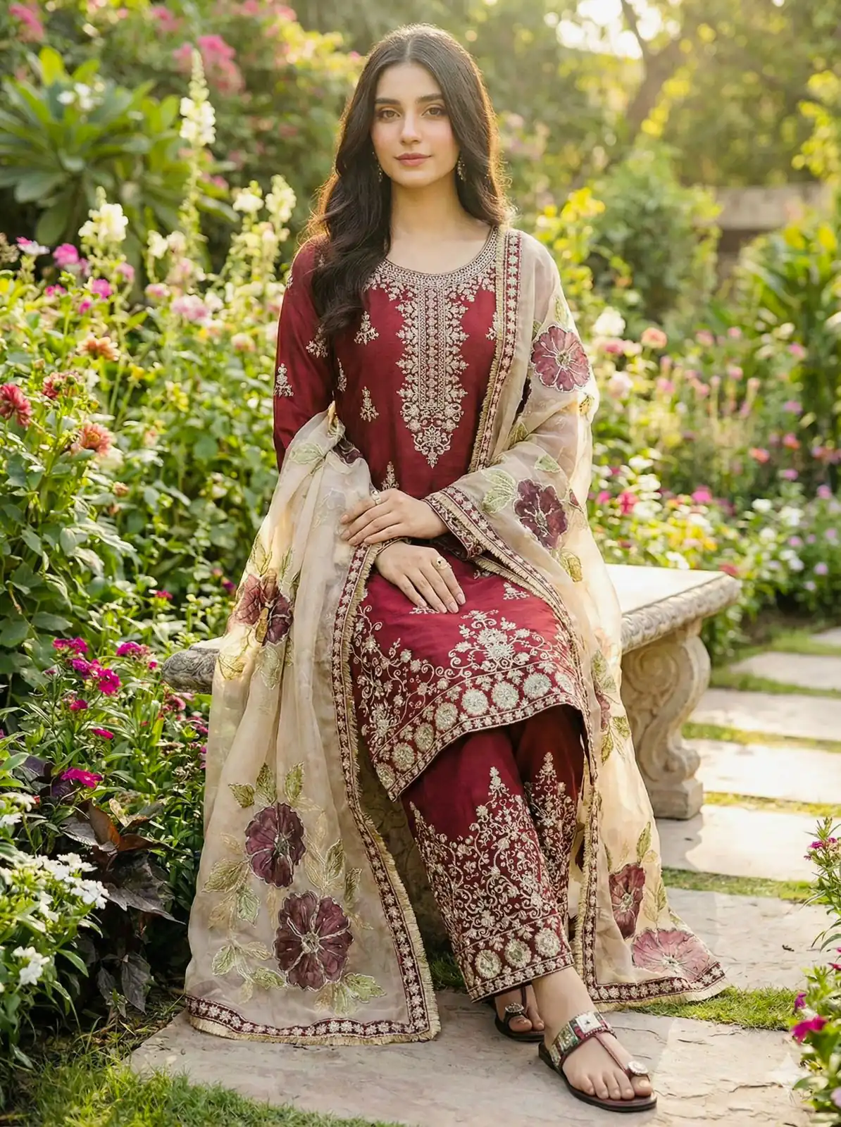 Maroon Organza Silk Lace Sequence Work Salwar Suit - Image 4