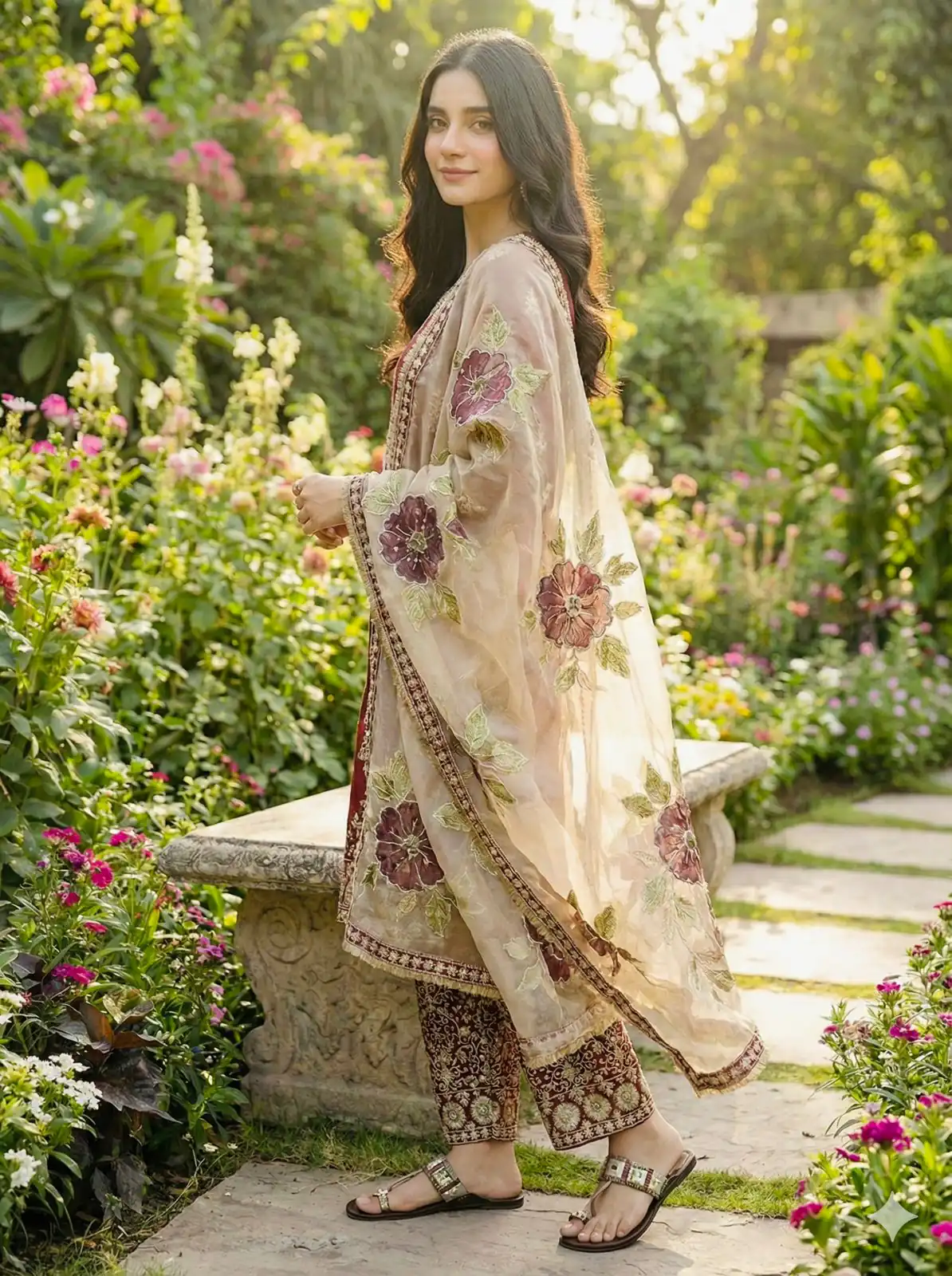 Maroon Organza Silk Lace Sequence Work Salwar Suit - Image 5