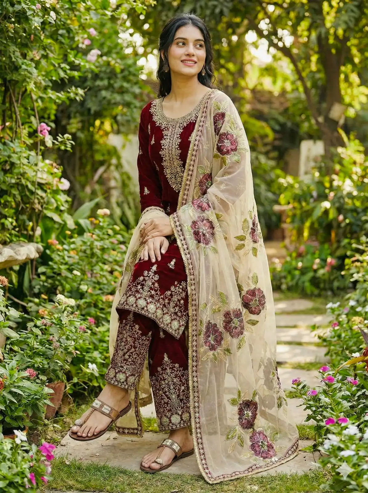 Maroon Organza Silk Lace Sequence Work Salwar Suit - Image 6