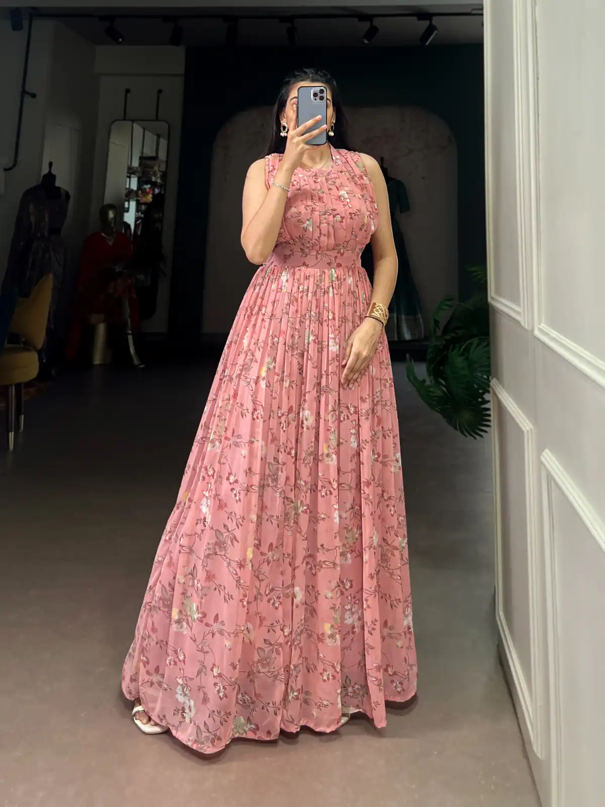 Pink Weightless Marbal Floral Print Gown