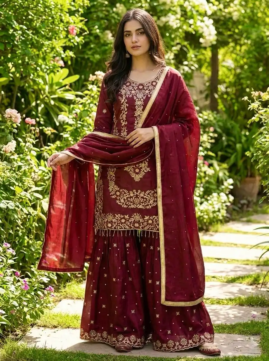 Maroon Organza Silk Sequence Work Salwar Suit - Image 2