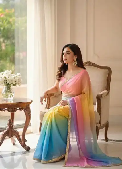 Multi Organza Embroidery Work Digital Print Saree - Image 3