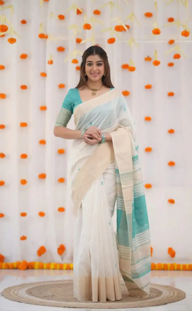 Firozi Soft Lilan Slab Lace Border Work Saree