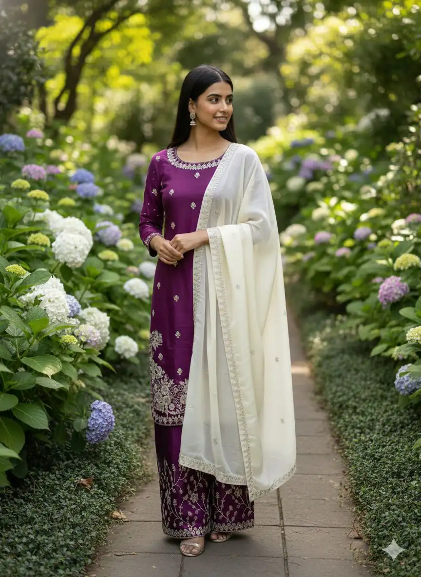 Wine Organza Silk Lace Embroidery Work Salwar Suit - Image 3