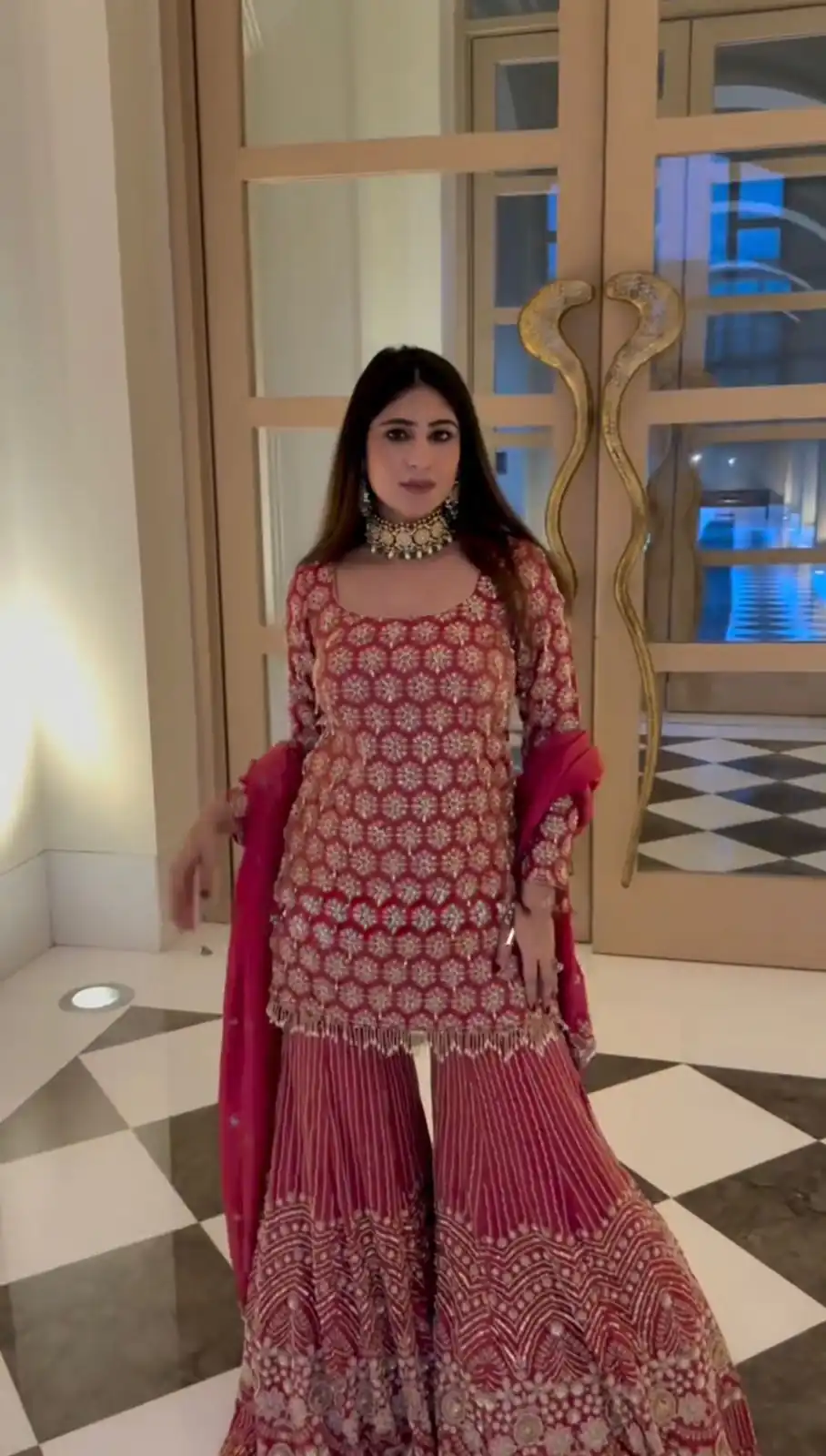 Red Faux Georgette Sequence Thread Work Salwar Suit