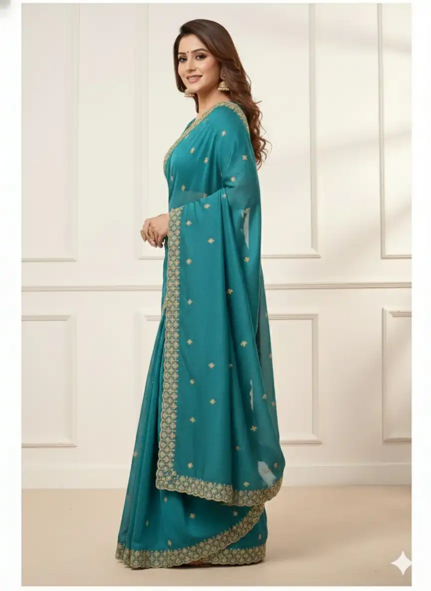 Teal Star Georgette Embroidery Work Saree - Image 3