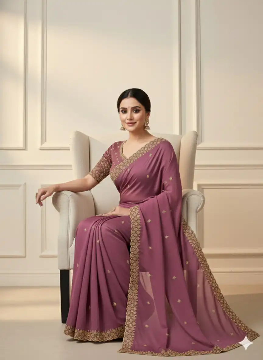 Onion Star Georgette Embroidery Work Saree - Image 2