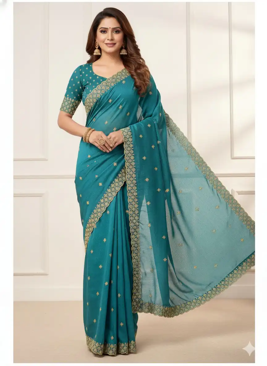 Teal Star Georgette Embroidery Work Saree