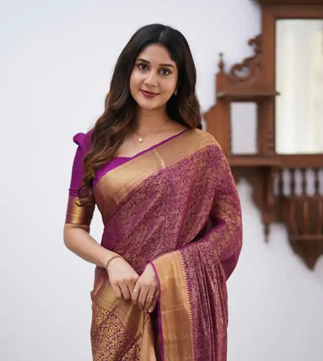 Wine Lichi Silk Border Jacquard Work Saree - Image 2
