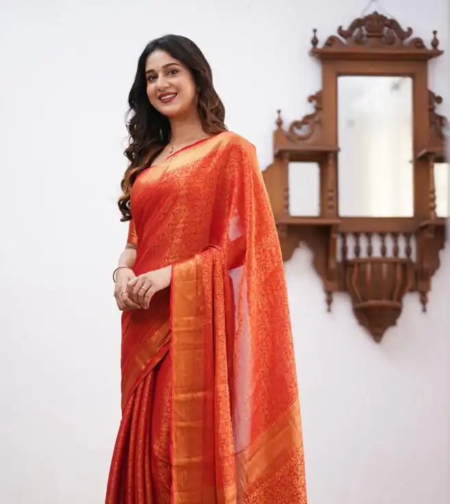 Orange Lichi Silk Border Jacquard Work Saree - Image 2