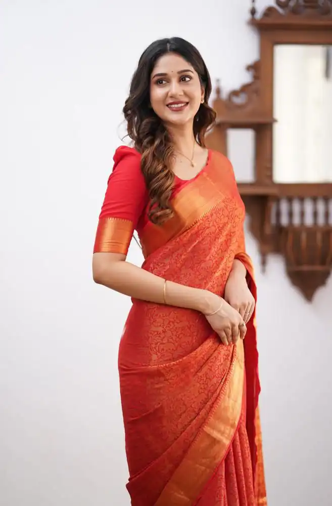Orange Lichi Silk Border Jacquard Work Saree
