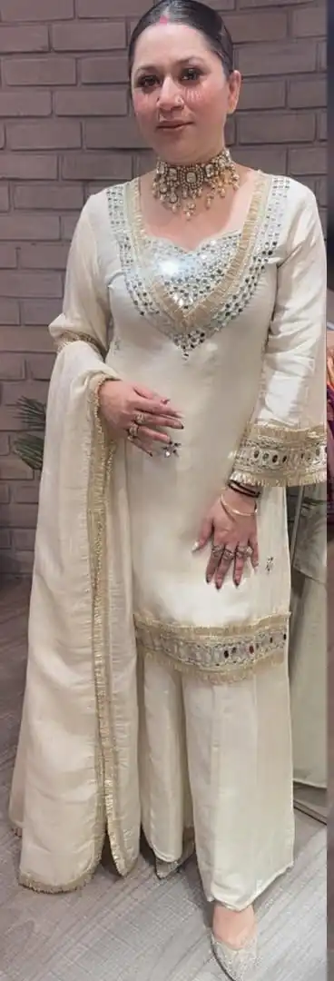 Off White Cosmos Embroidery Mirror Work Salwar Suit