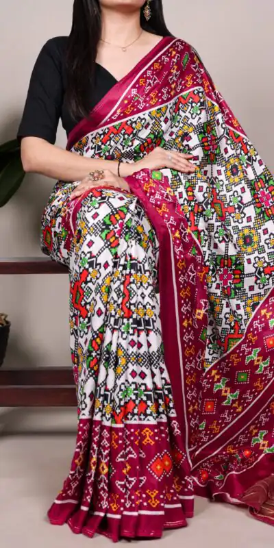 White Gaji Silk Patola Print Lagadi Patta Saree