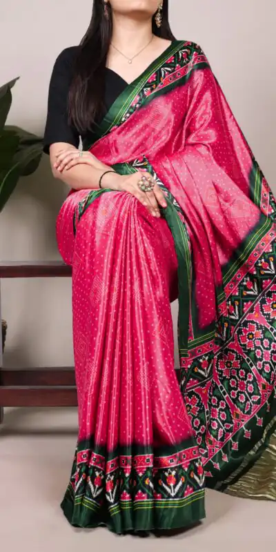 Pink Gaji Silk Patola Print Lagadi Patta Saree