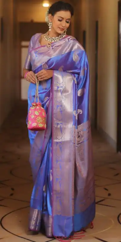 Blue Lichi Silk Border Lace Work Saree