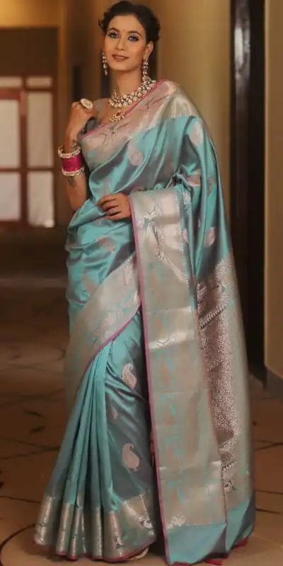Sky Blue Lichi Silk Border Lace Work Saree