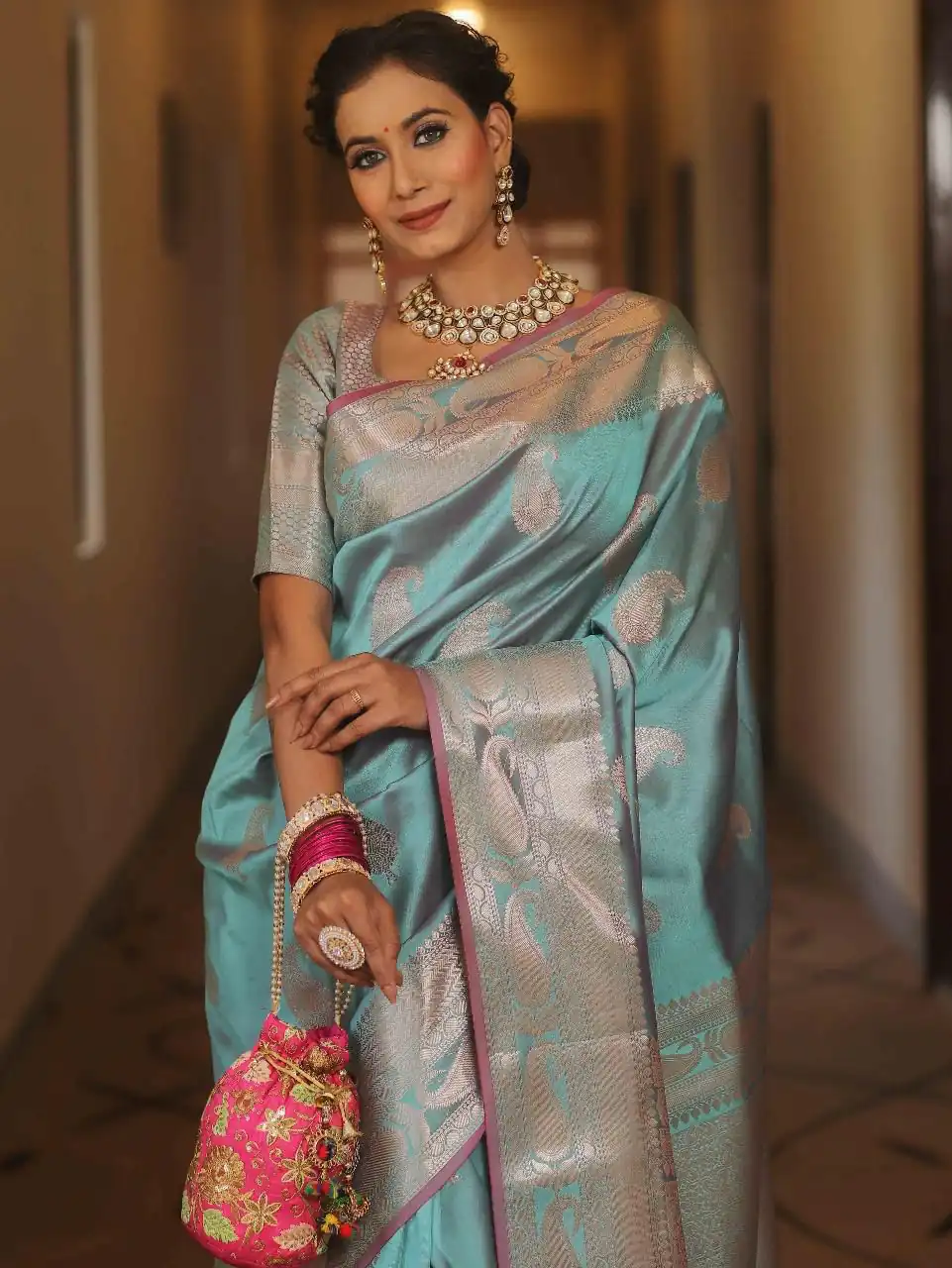 Sky Blue Lichi Silk Border Lace Work Saree - Image 4