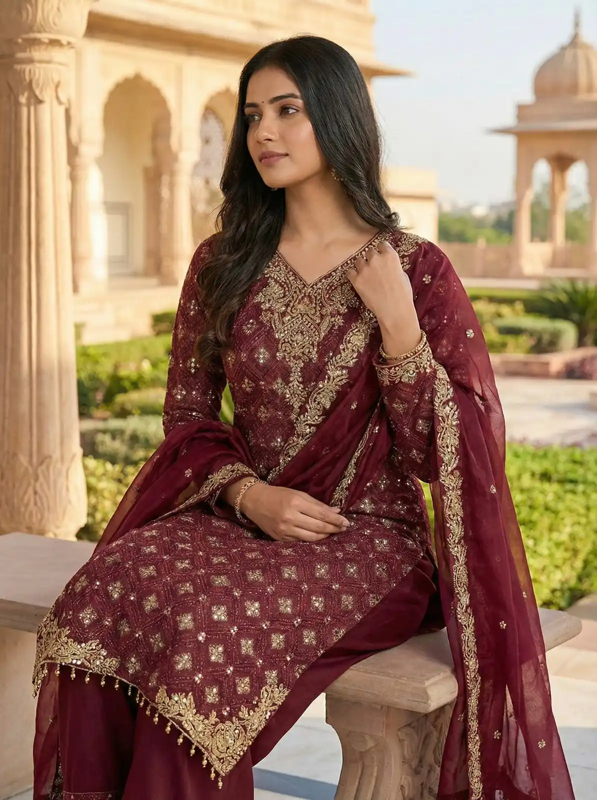 Maroon Pure Organza Silk Sequence Work Salwar Suit - Image 11