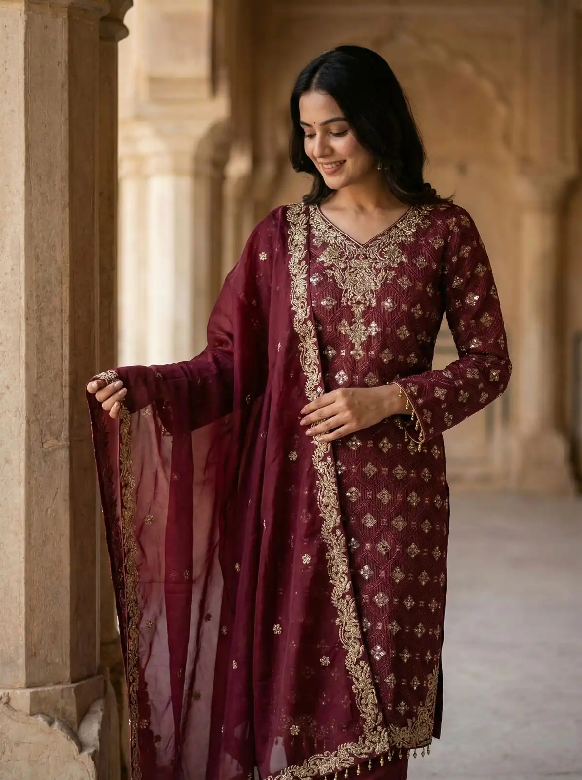 Maroon Pure Organza Silk Sequence Work Salwar Suit - Image 14