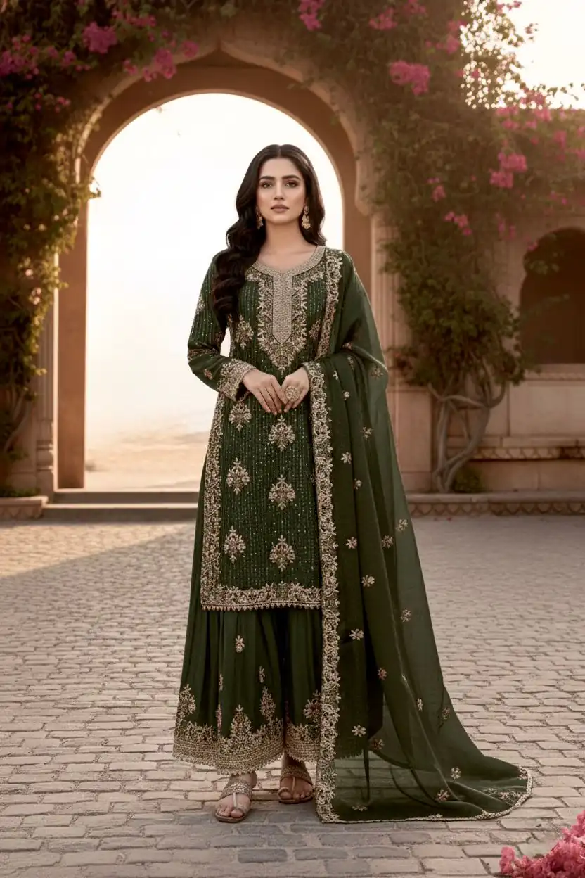 Mahendi Pure Organza Silk Embroidery Cut Work Salwar Suit
