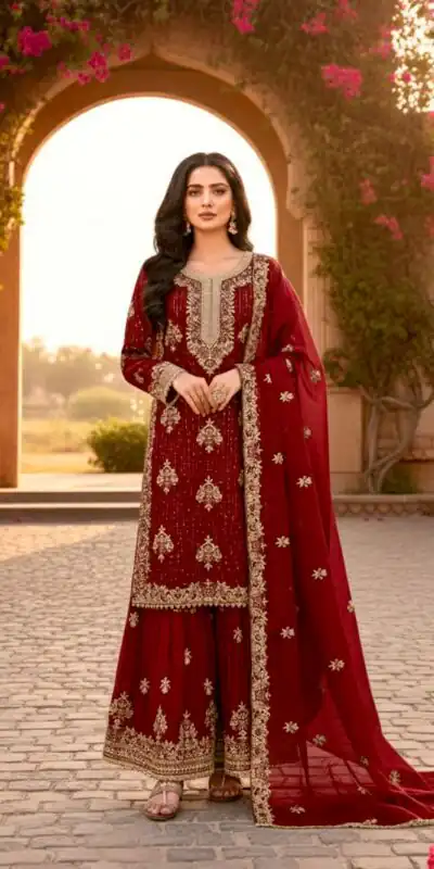 Red Pure Organza Silk Embroidery Cut Work Salwar Suit