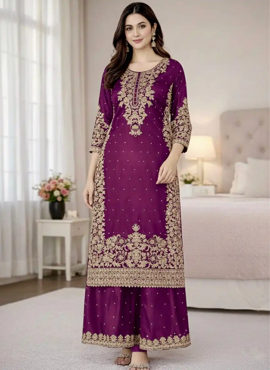 Wine Organza Silk Embroidery Work Salwar Suit - Image 3