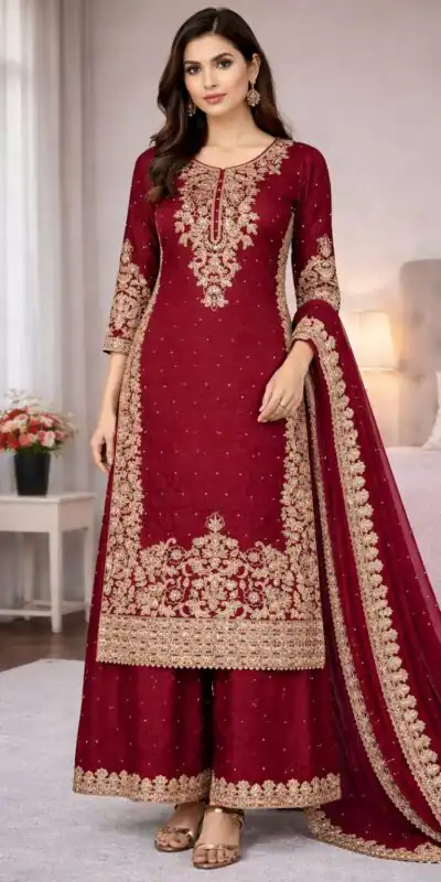 Maroon Organza Silk Embroidery Work Salwar Suit